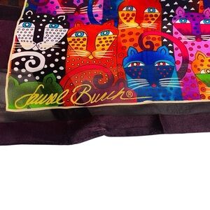 Laurel Burch Silk Colorful Rainbow Cat Scarf W/ Fringe 53” x 11”